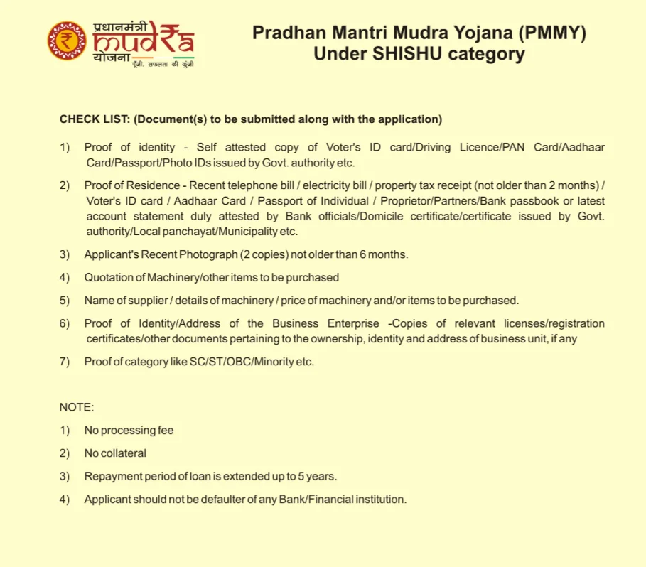 eligibility criteria for Shishu Mudra Loan