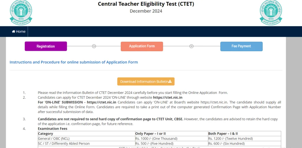 CTET Online Apply instructions page
