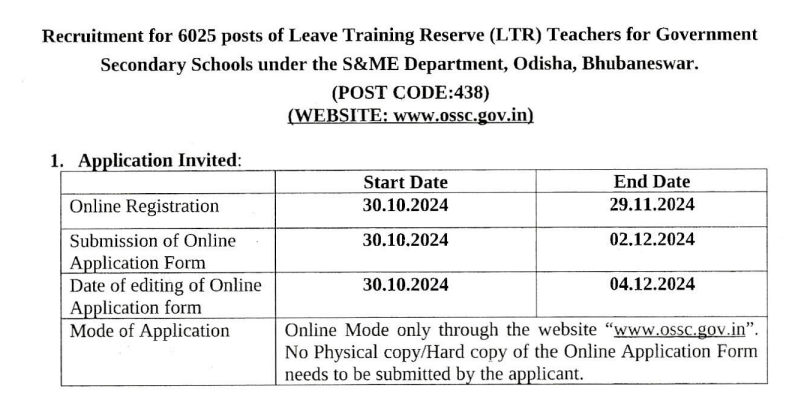 important date for online application for OSSC LTR Teacher Recruitment