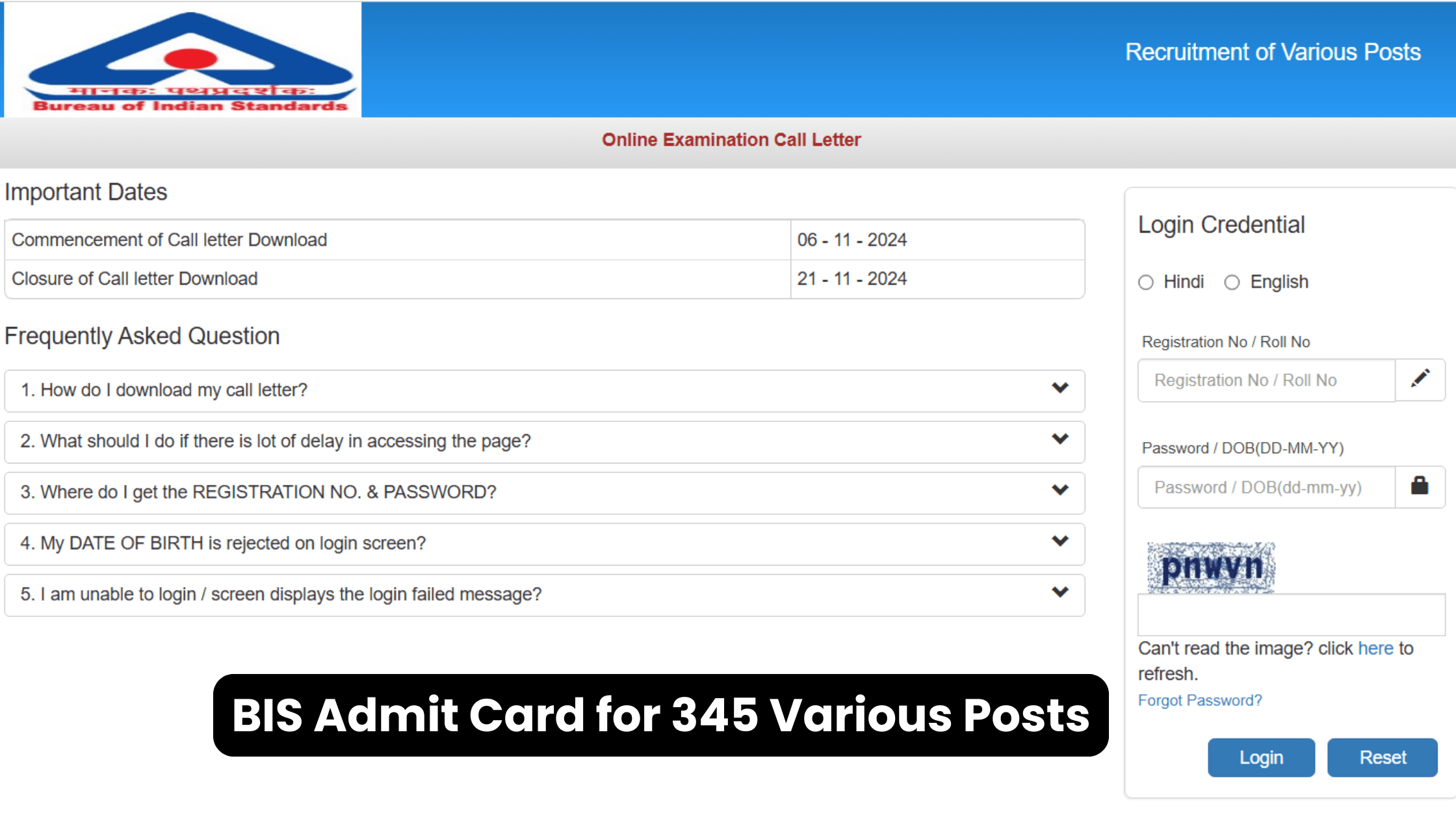 BIS Admit Card for 345 Various Group A B C Posts