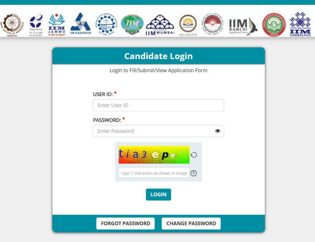 Candidate Login page to download the CAT Admit card