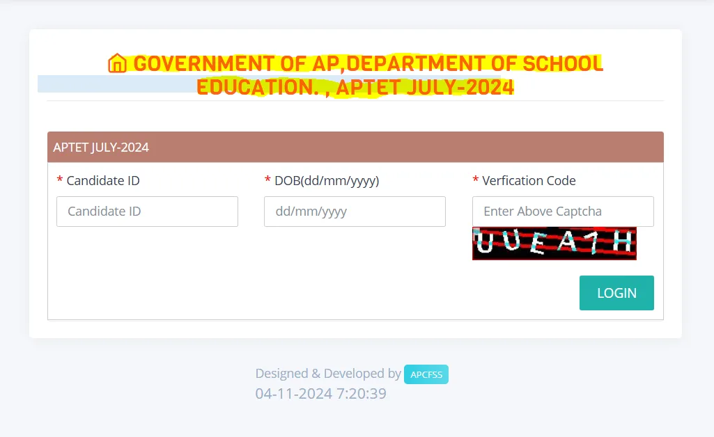 Candidate login Page to check the AP TET Result for July 2024 Session