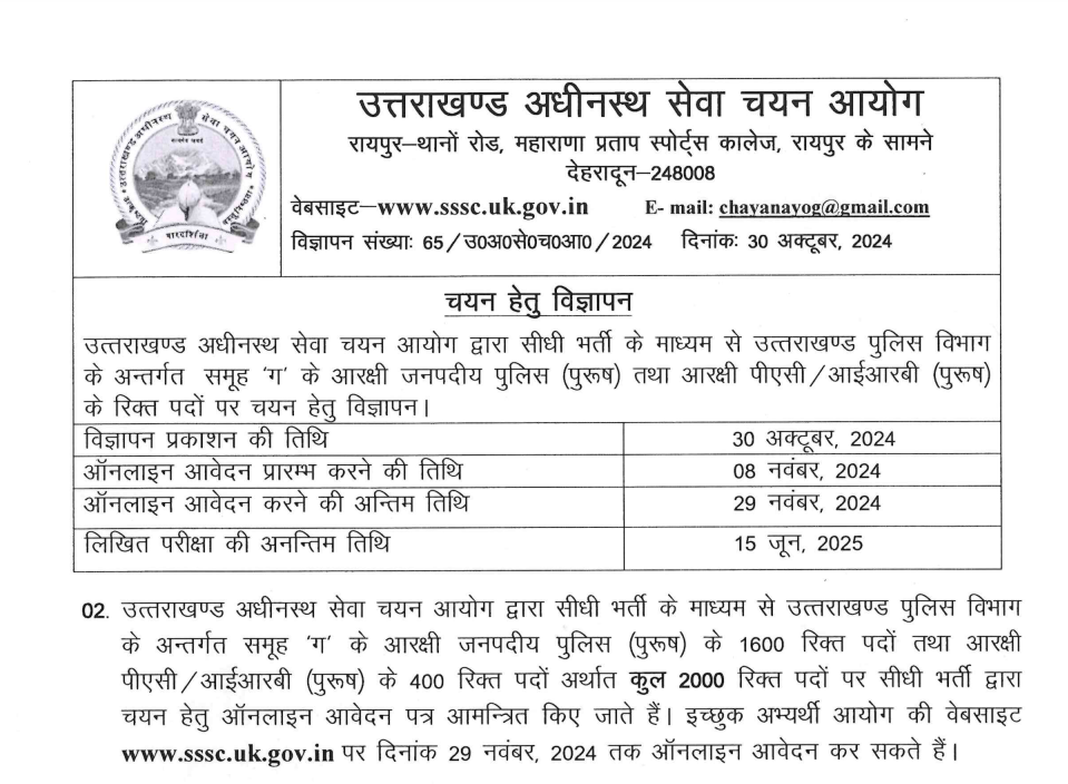 Important date related to UKSSSC Police Constable recruitment