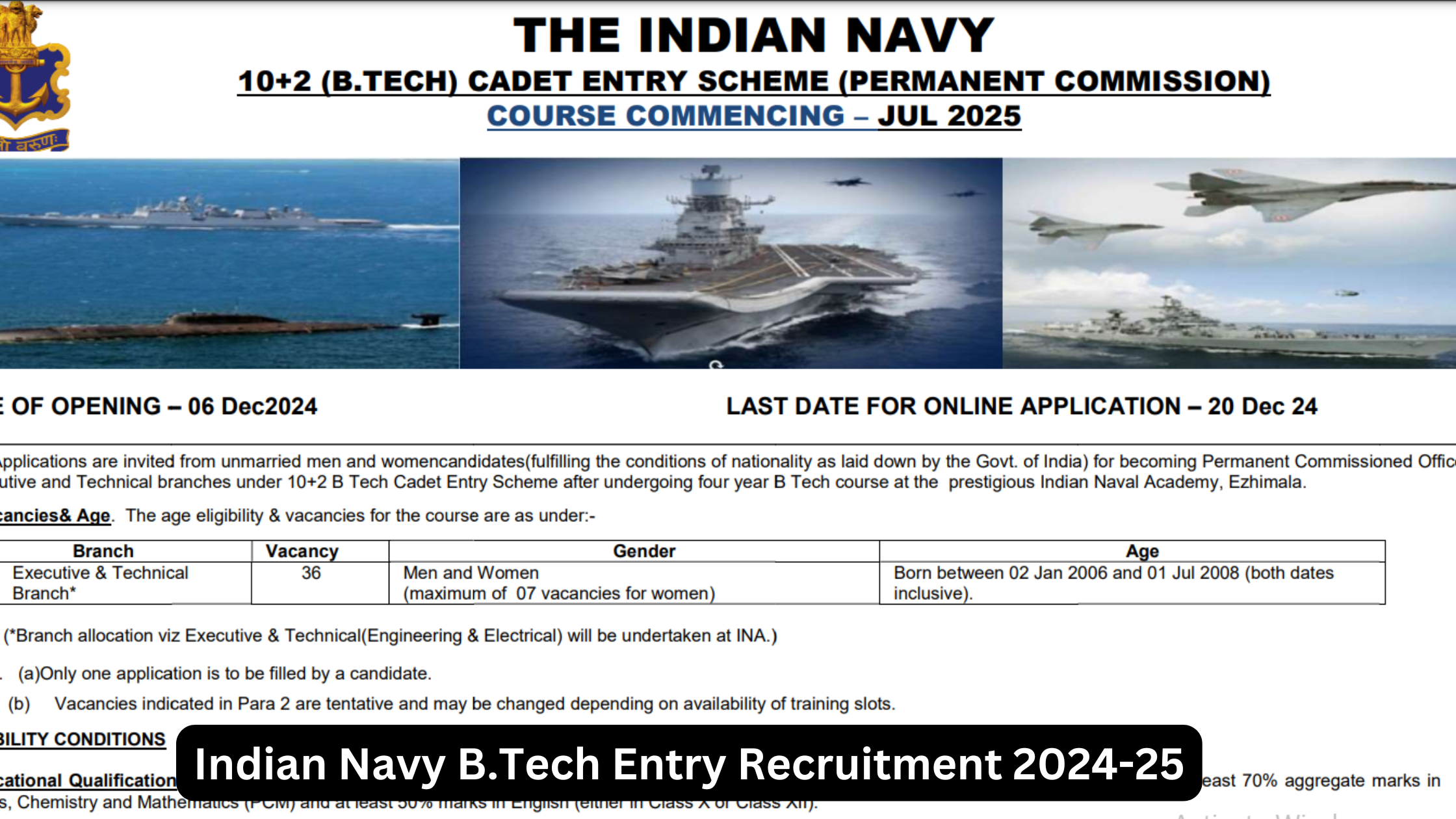 Indian Navy B.Tech Entry Recruitment for 36 Vacancies