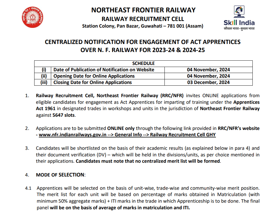 Short Official notification of Railway RRC NFR Apprentice Recruitment