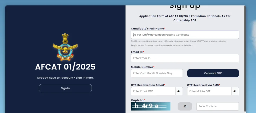 Candidate Registration Page for AFCAT 1 2025