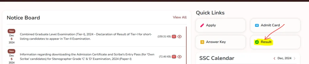 Result page link under the Quick links Section on the Official SSC Portal