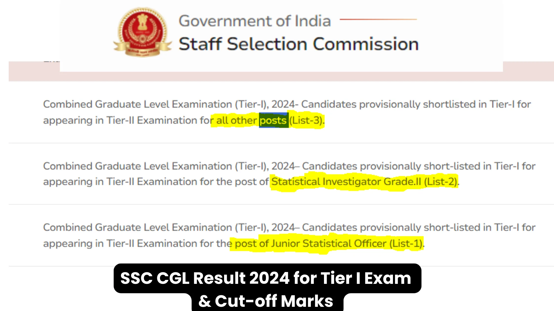 SSC CGL Result 2024 for Tier I Exam & Cut-off Marks