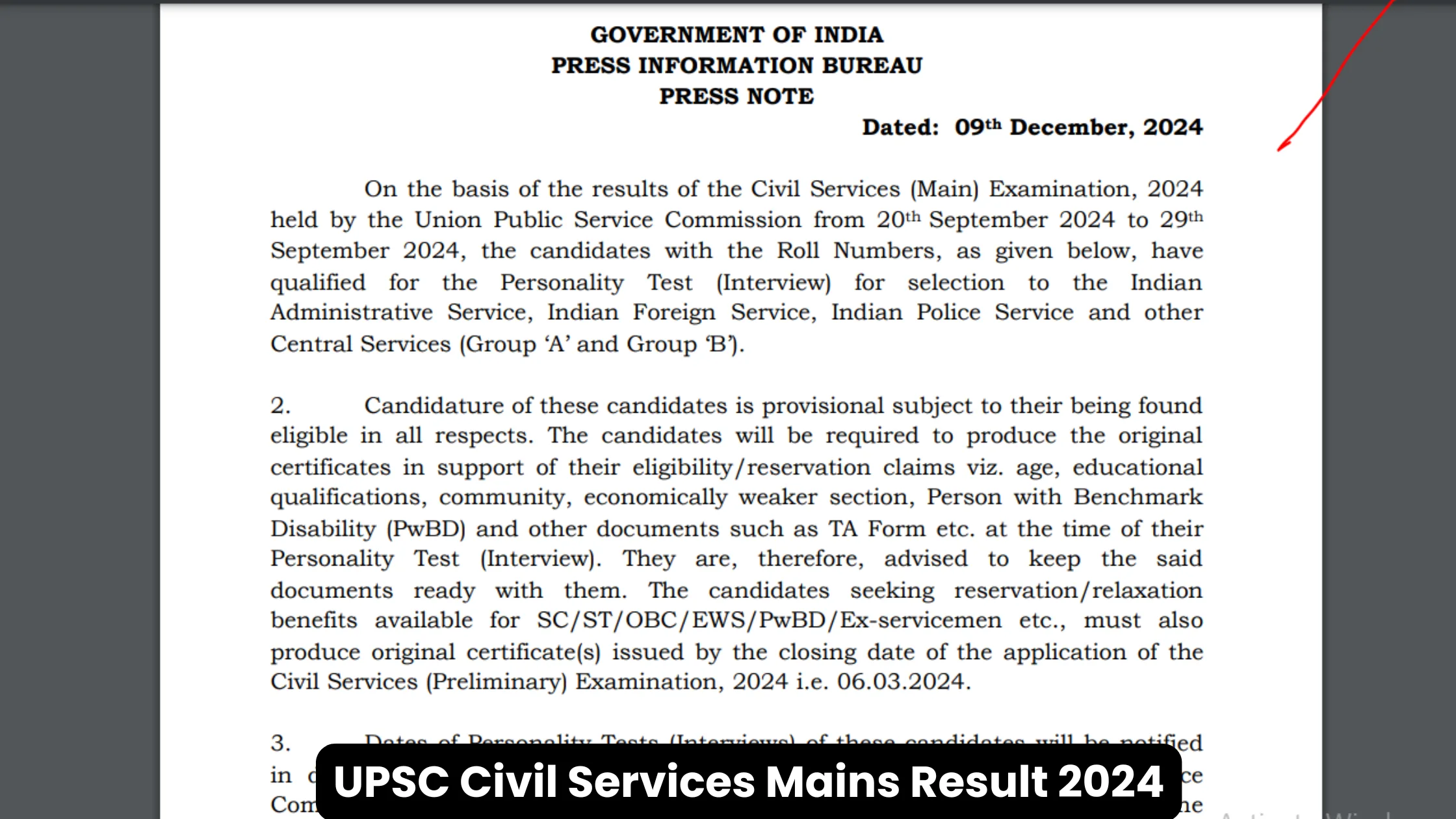 UPSC Civil Services Mains Result 2024
