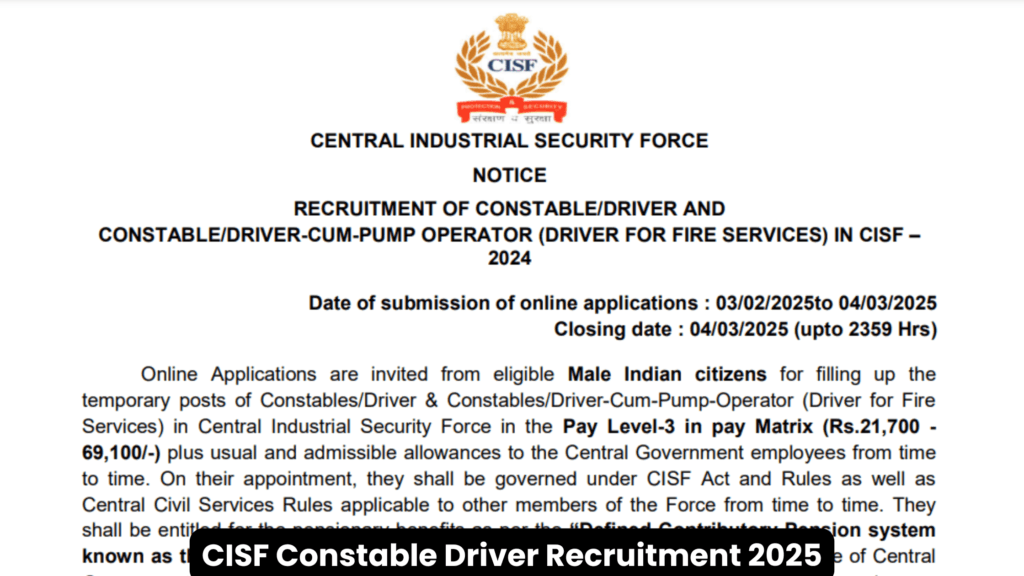 CISF Constable Driver Recruitment 2025