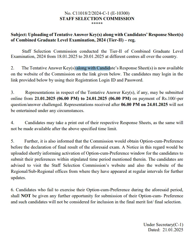 SSC CGL Tier 2 Answer Key 2024: Response Sheet Link Active at ssc.gov.in Challenge Answer Key by 24th January 2025 1 Official Notification for SSC CGL Tier 2 answer key and candidate response sheet