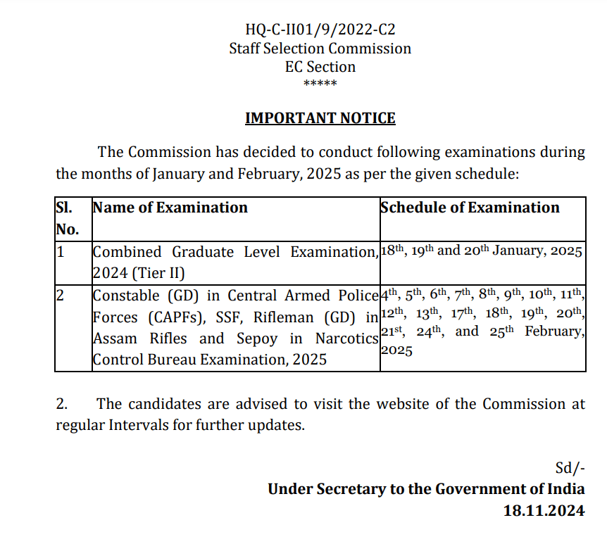 SSC CGL Tier 2 Exam Date Official Notice