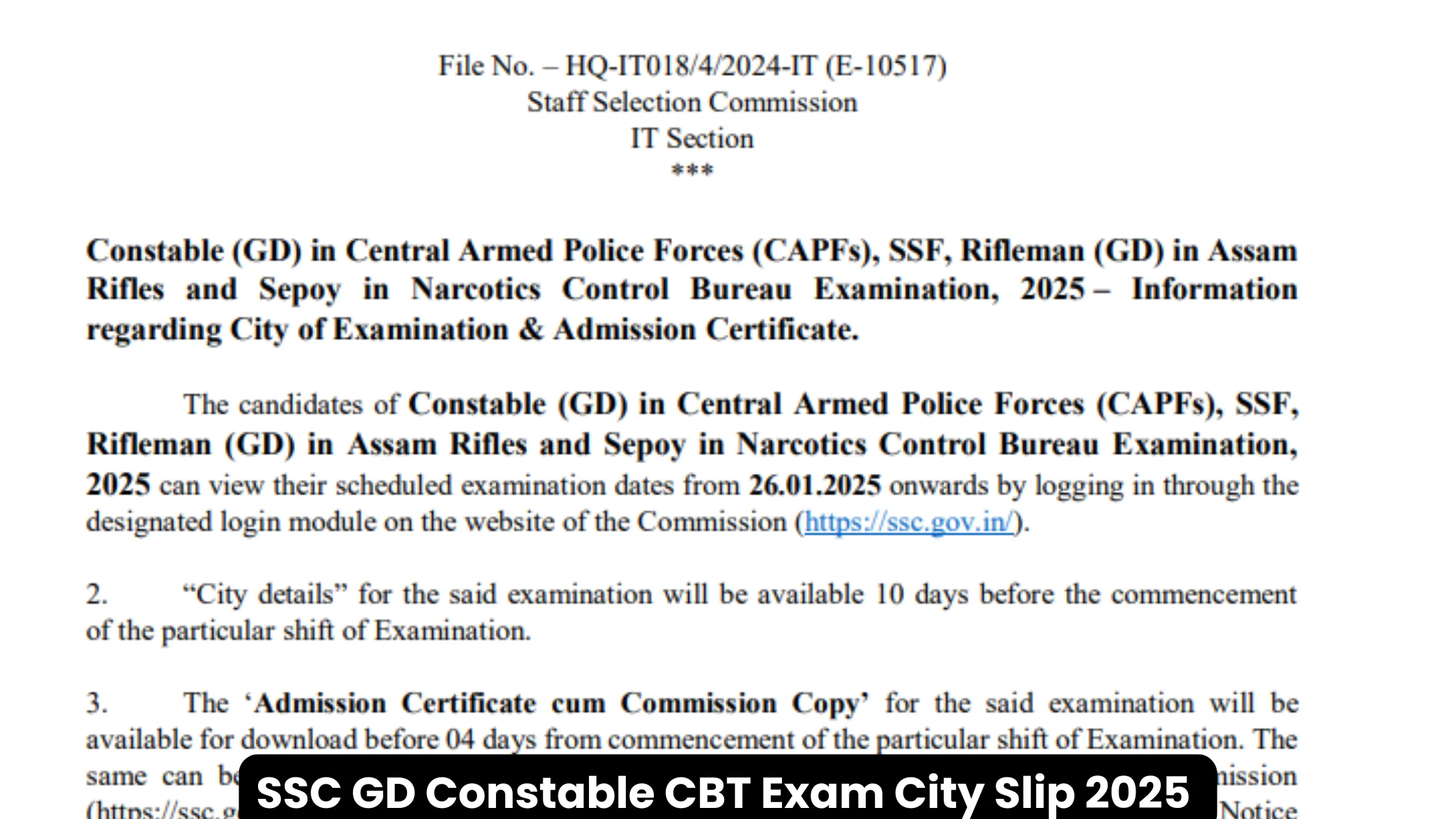 SSC GD Constable CBT Exam City Slip 2025