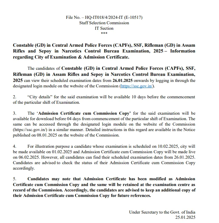 SSC GD Constable CBT Exam City Slip 2025 & Exam Date Check Official Notice