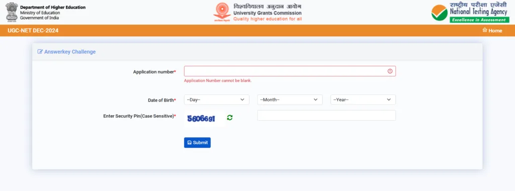 Candidate Login Page to download challenge NTA UGC NET Answer Key December 2024 Session