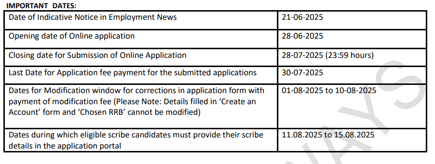 Railway RRB Technician Recruitment 2025: Apply Online for 6238 Posts @ CEN.No 02/2025 2 Important date for RRB Technician Recruitment 2025