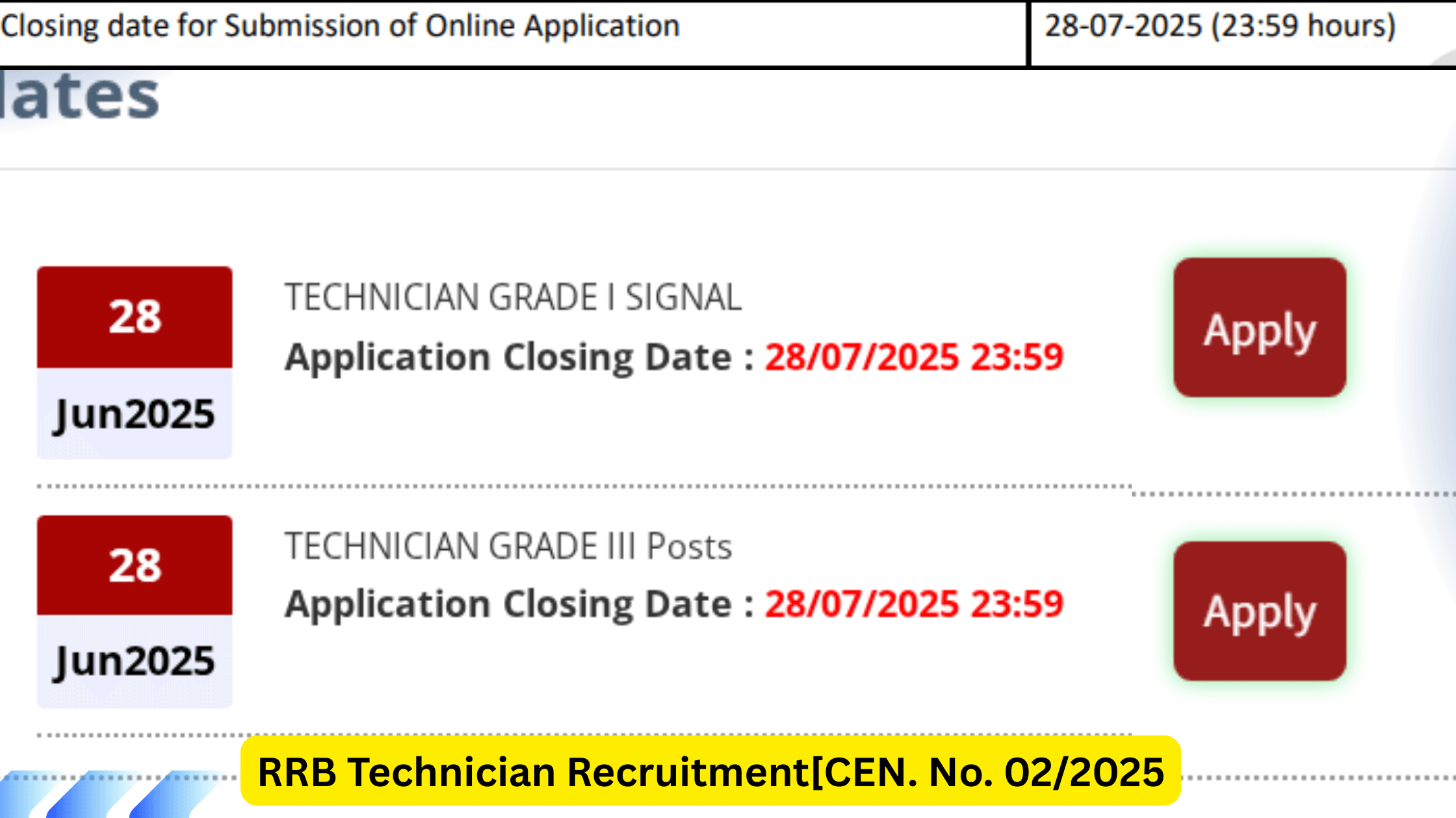 RRB Technician Recruitment[CEN. No. 02/2025]
