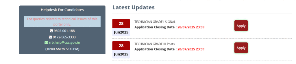 Railway RRB Technician Recruitment 2025: Apply Online for 6238 Posts @ CEN.No 02/2025 3 Vacancy wise apply link for the RRB Technician Recruitment 2025