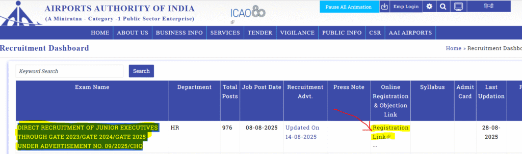 AAI Junior Executive Recruitment 2025 online registration link on the official AAI Portal recruitment Page