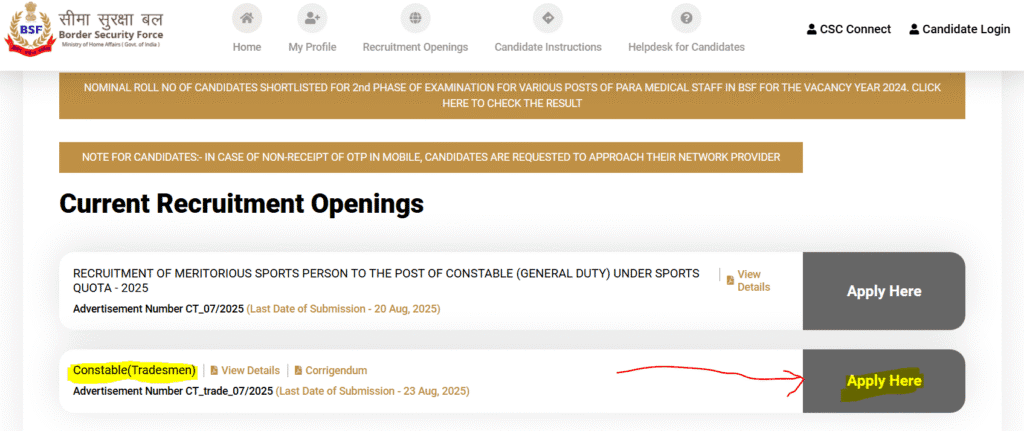 BSF Constable Tradesman Recruitment 2025: Apply Now for 3,588 Posts @rectt.bsf.gov.in 1 BSF Constable Tradesman Recruitment 2025 online apply link on the current Openings Page