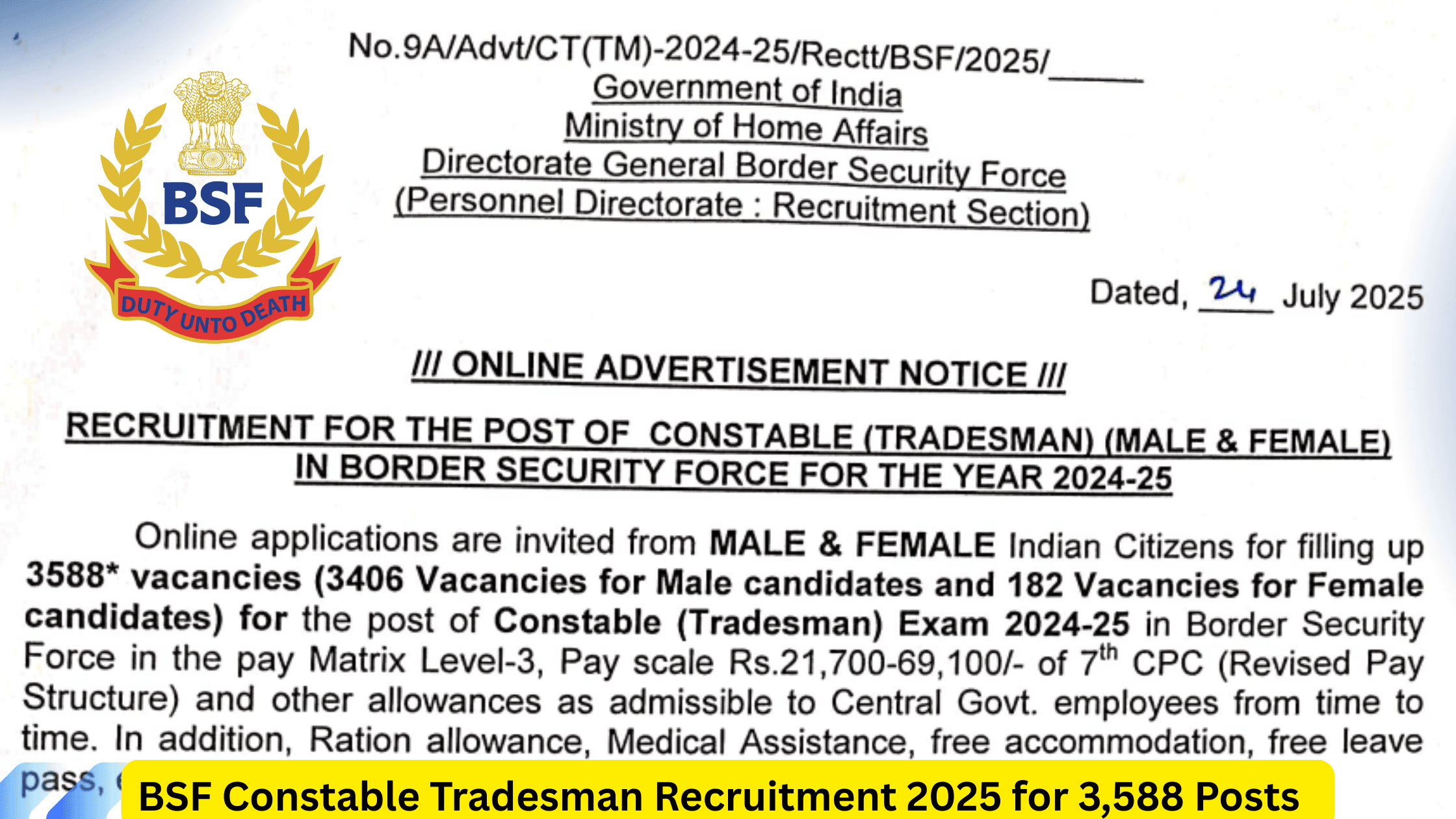BSF Constable Tradesman Recruitment 2025
