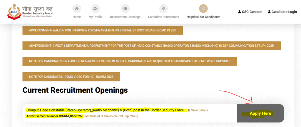 BSF HC RORM Recruitment 2025 online apply link at the official BSF current Opening Page