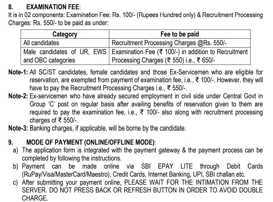 Examination Fee for IB Junior Intelligence Officer Grade II Recruitment 2025