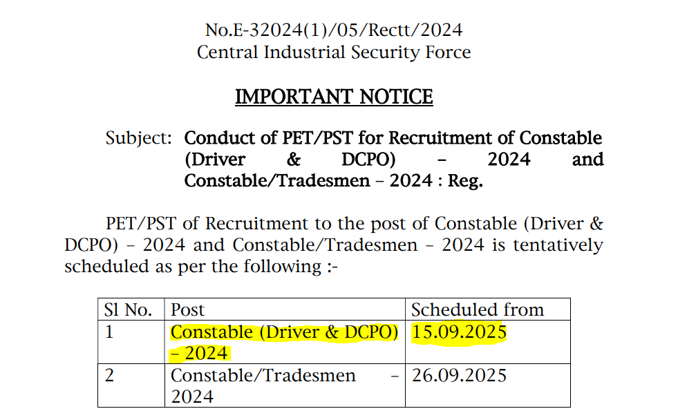 CISF Constable Driver PET PST exam date 2025 official Notification