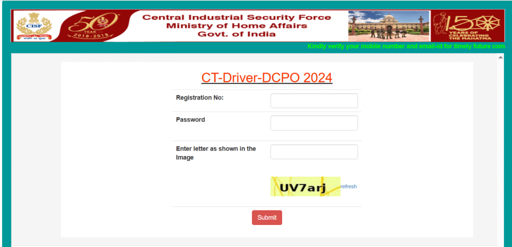 Candidate login page to download CISF Constable Driver PET PST Admit Card 2025