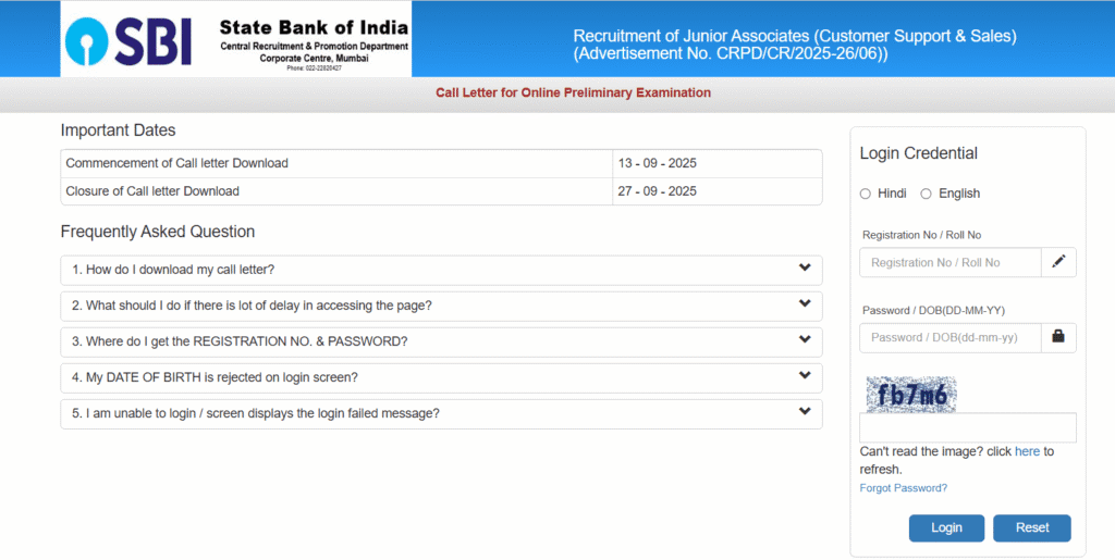 Candidate login page to download SBI Bank Clerk Pre Admit Card 2025