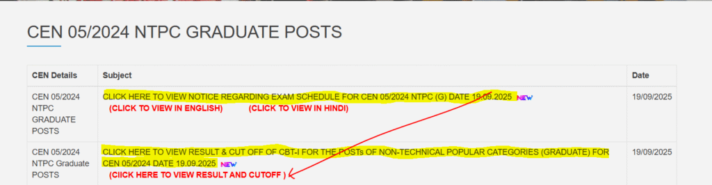 RRB NTPC Graduate Result 2025 on the regional RRB Portal