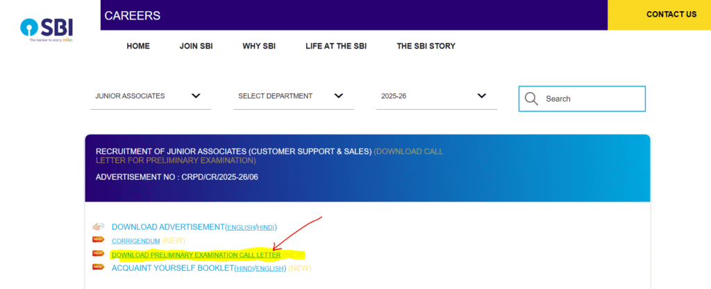 SBI Bank Clerk Pre Admit Card 2025 Download link on the Official SBI Portal's Careers Page