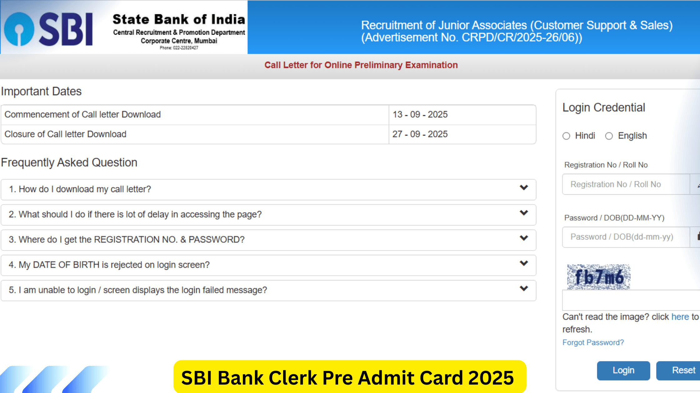 SBI Bank Clerk Pre Admit Card 2025
