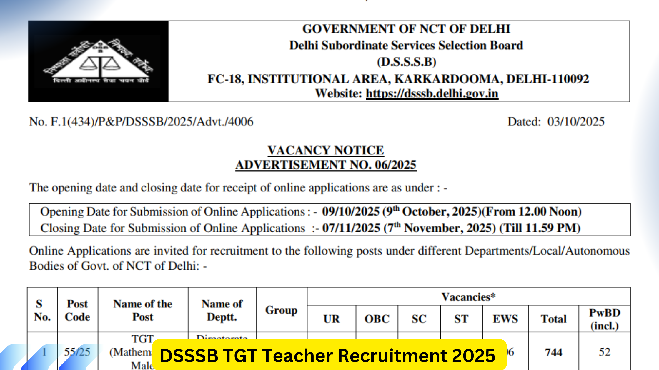DSSSB TGT Teacher Recruitment 2025