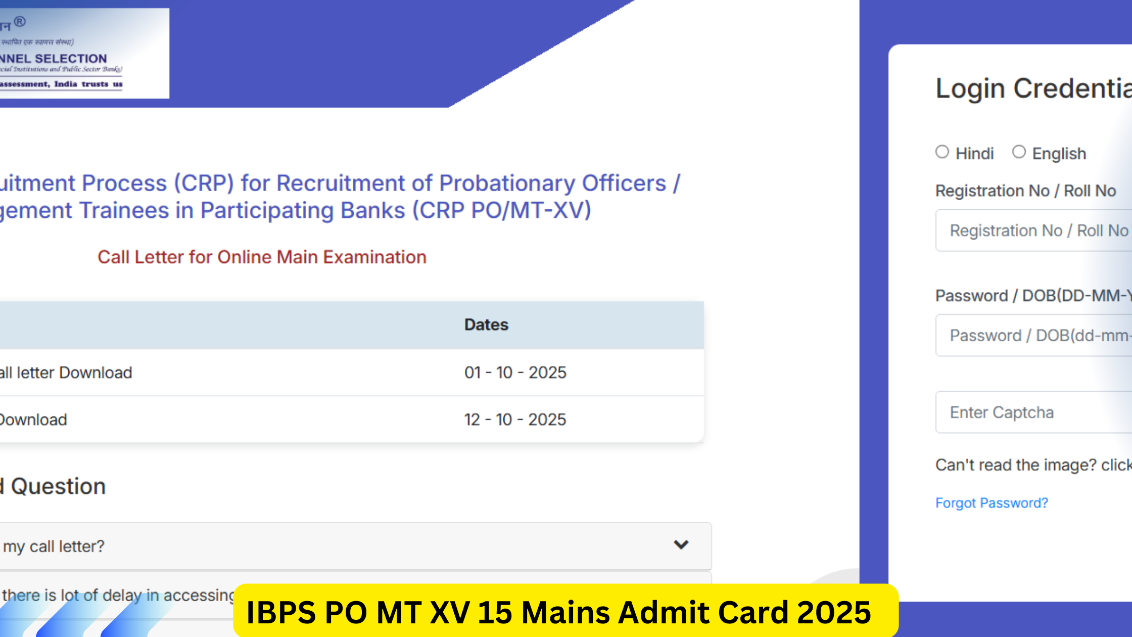 IBPS PO MT XV 15 Mains Admit Card 2025