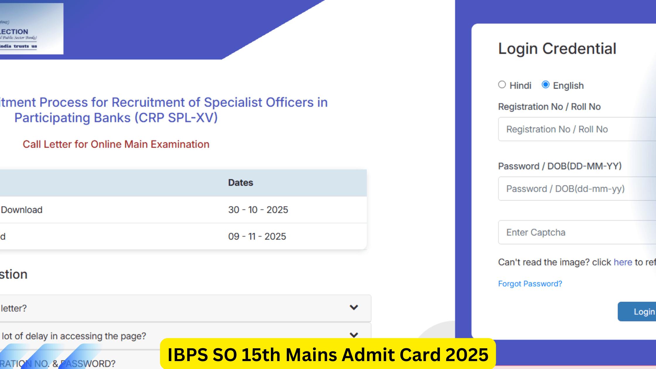 IBPS SO 15th Mains Admit Card 2025