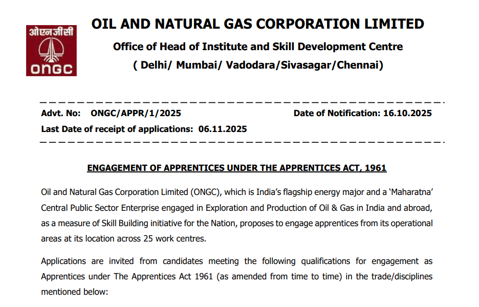 ONGC Apprentice Recruitment 2025