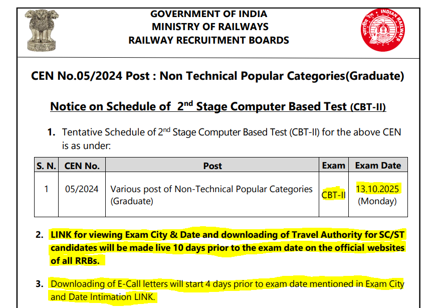 RRB NTPC Graduate CBT-2 Exam Date official notice