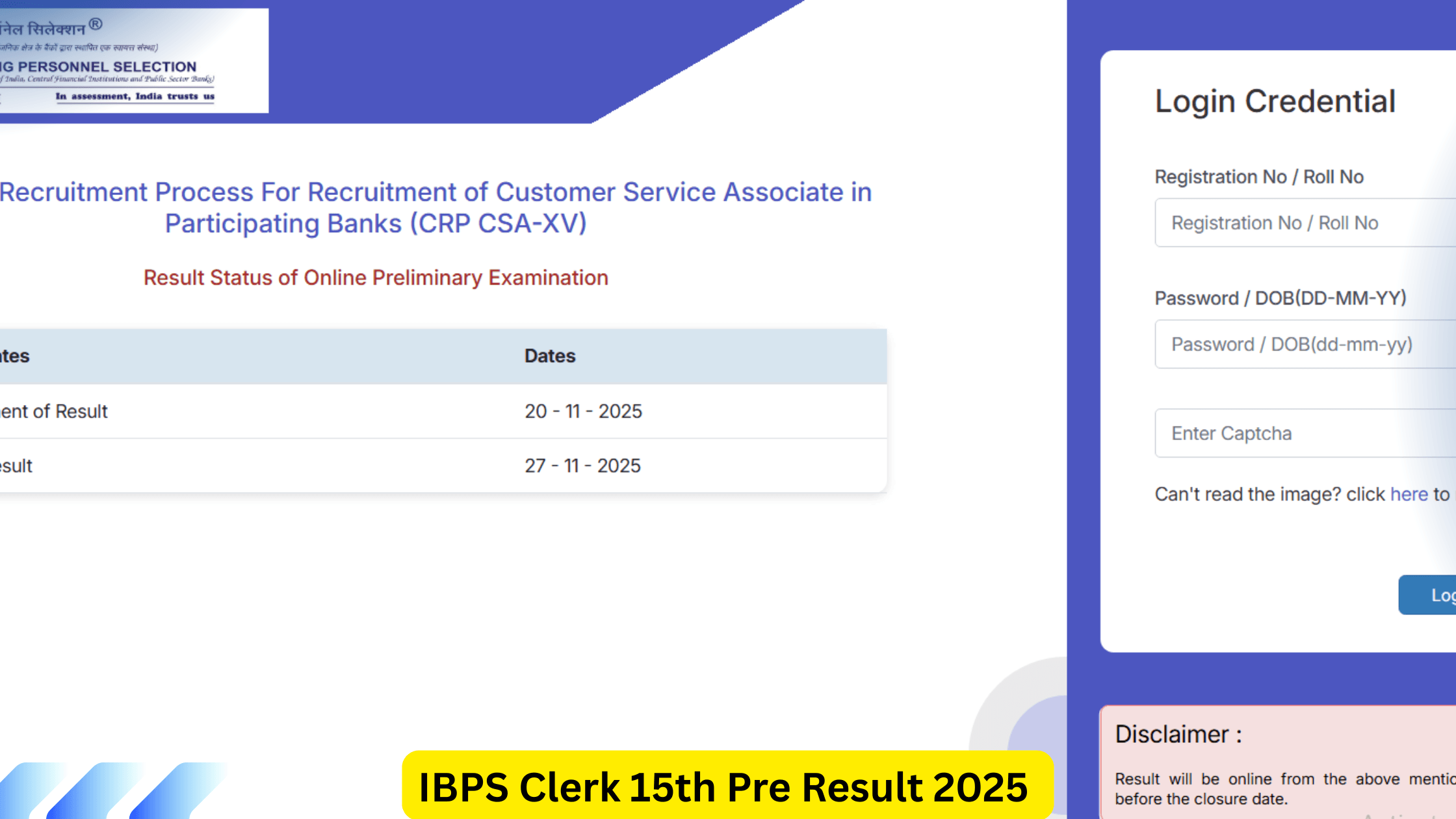 IBPS Clerk 15th Pre Result 2025