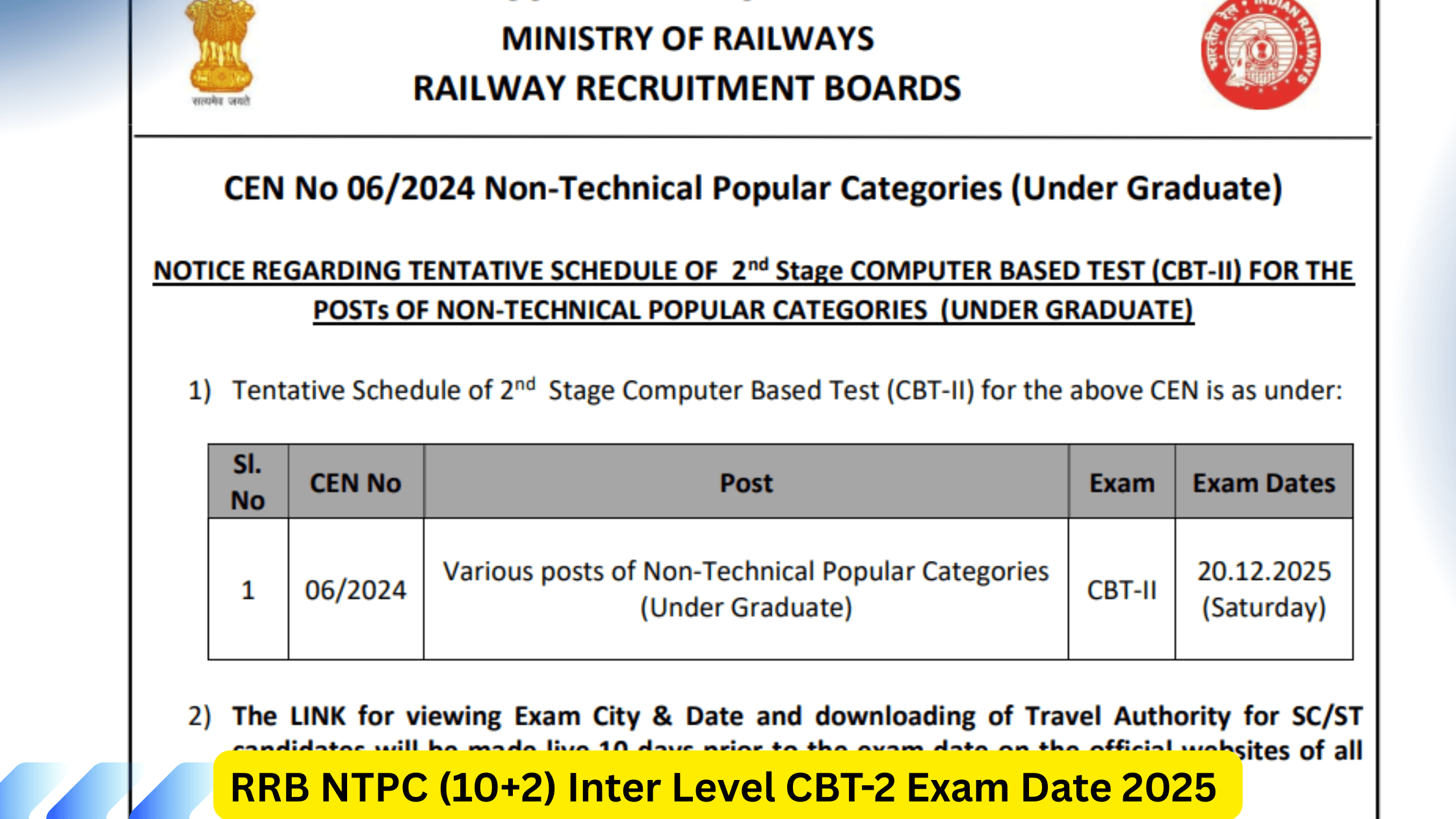 RRB NTPC 10+2 Inter Level CBT-2 Exam Date 2025