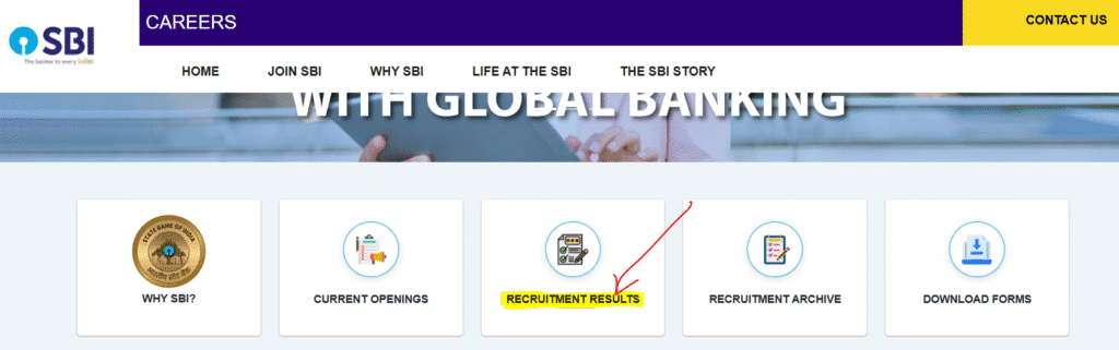 Recruitment Results Section on the official SBI Portal Career Page