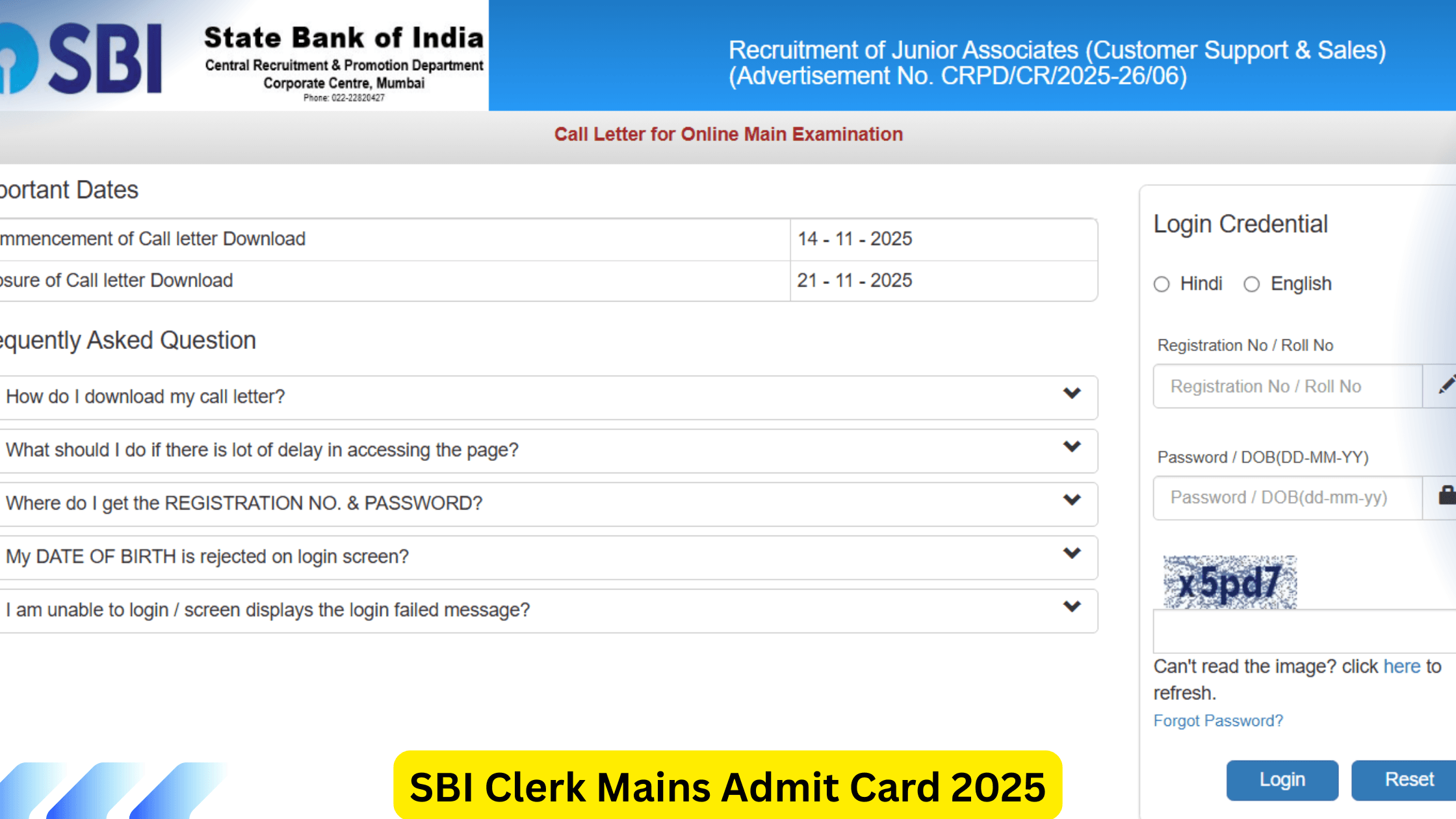 SBI Bank Clerk Mains Admit Card 2025