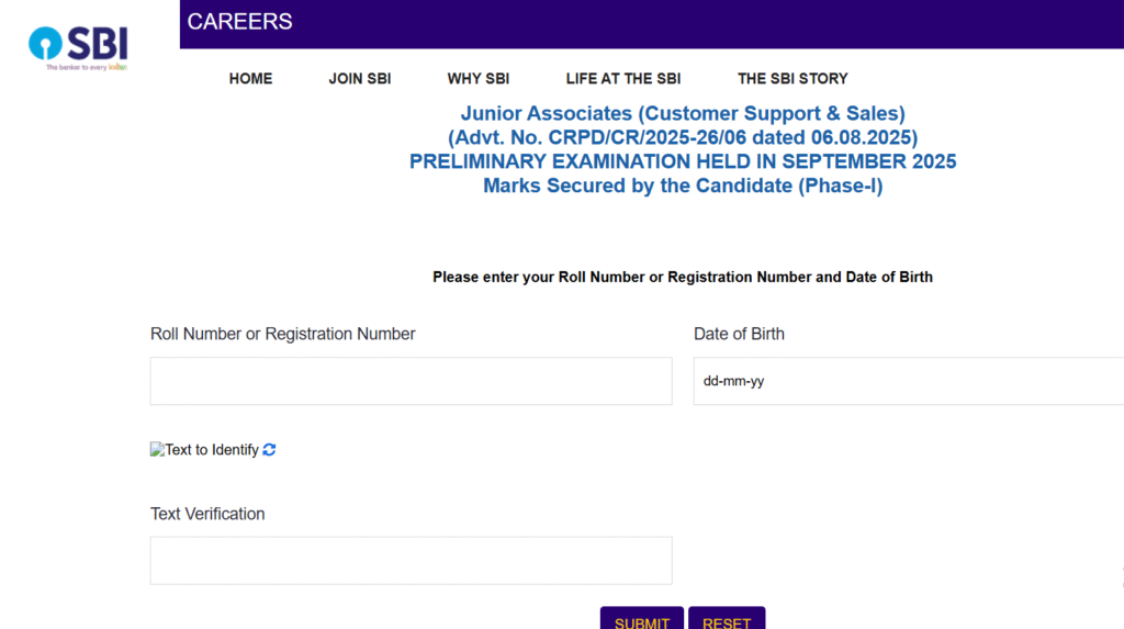 Candidate Login Page to check the SBI Bank Clerk Pre Result 2025
