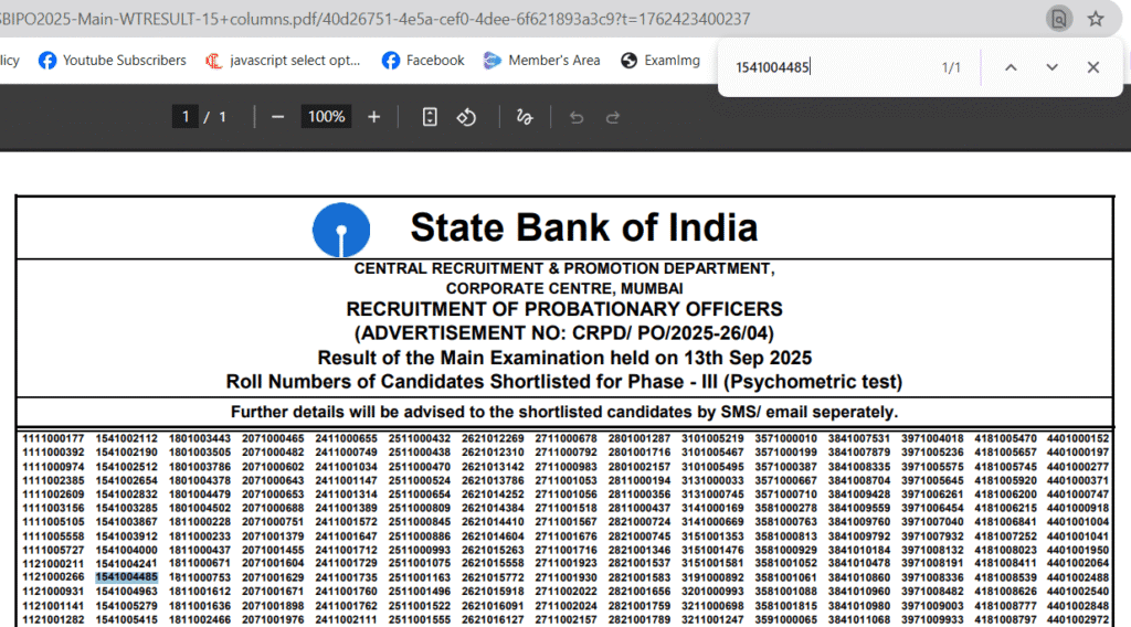 Search your Roll number on the SBI PO Mains Result 2025 PDF