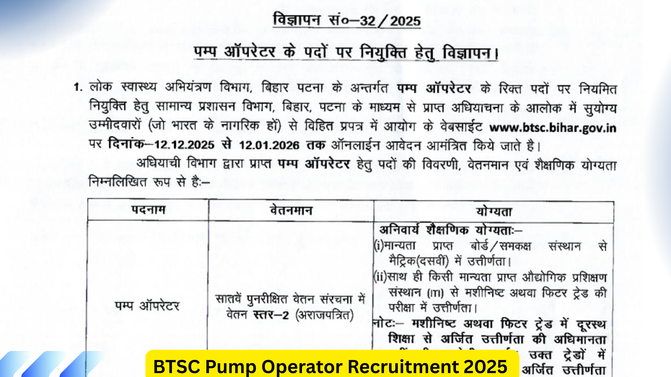 BTSC Pump Operator Recruitment 2025