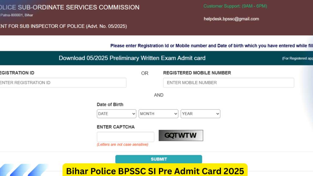 Bihar Police BPSSC SI Pre Admit Card 2025