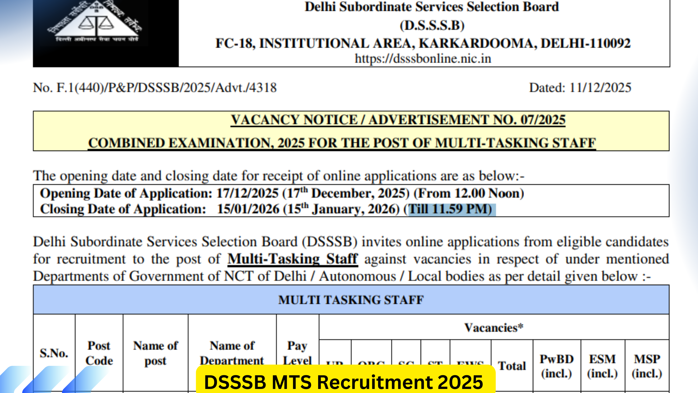 DSSSB MTS Recruitment 2025