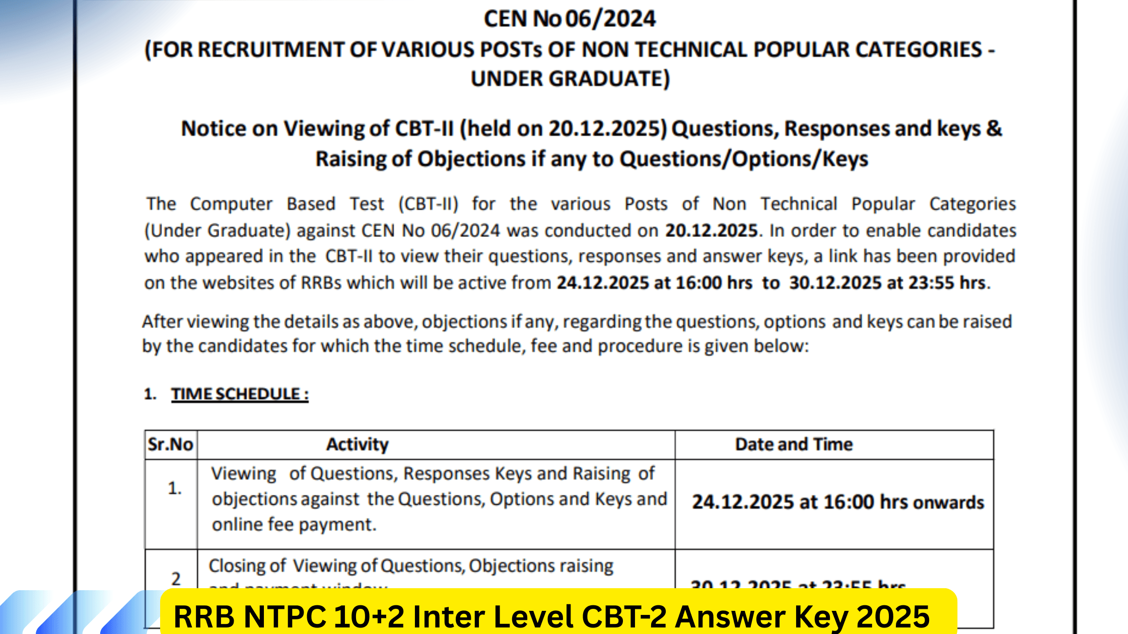 RRB NTPC 10+2 Inter Level CBT-2 Answer Key 2025