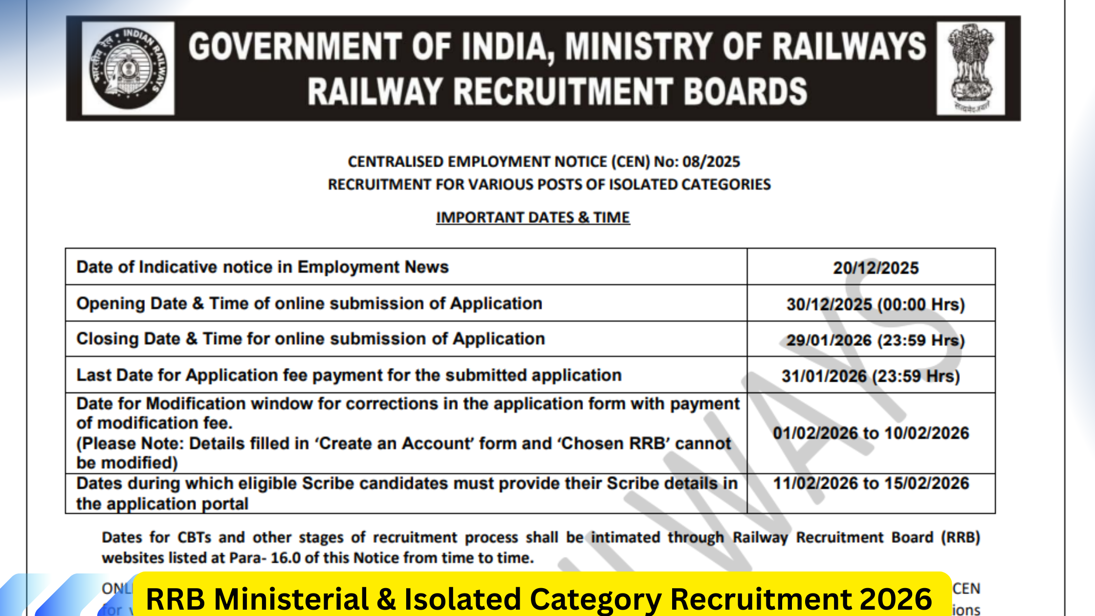 RRB Ministerial & Isolated Category Recruitment 2026