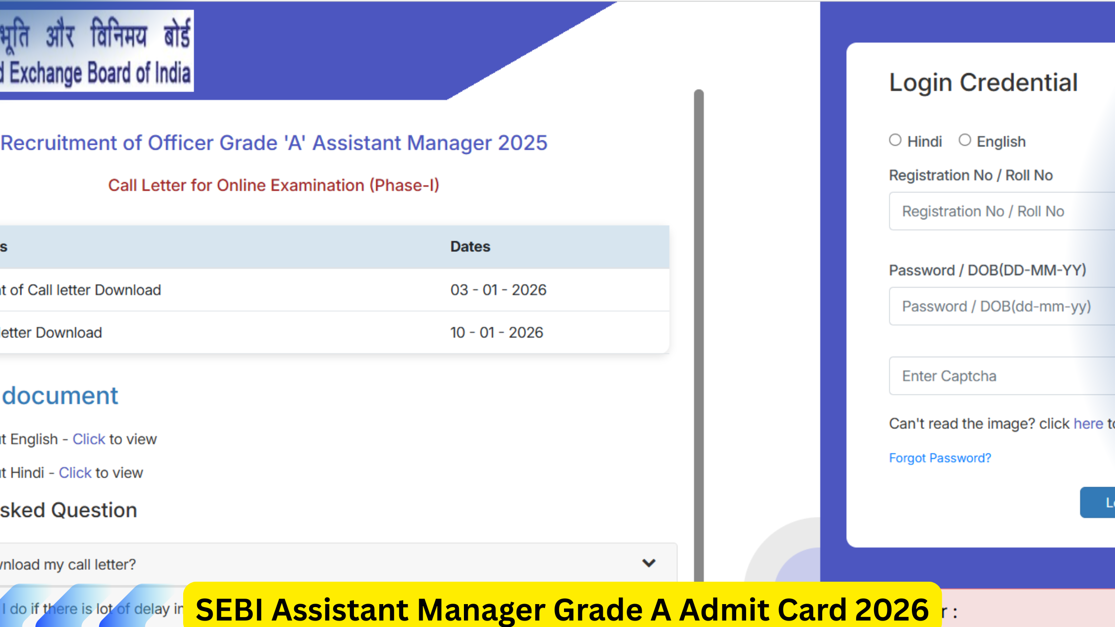 SEBI Assistant Manager Grade A Admit Card 2026